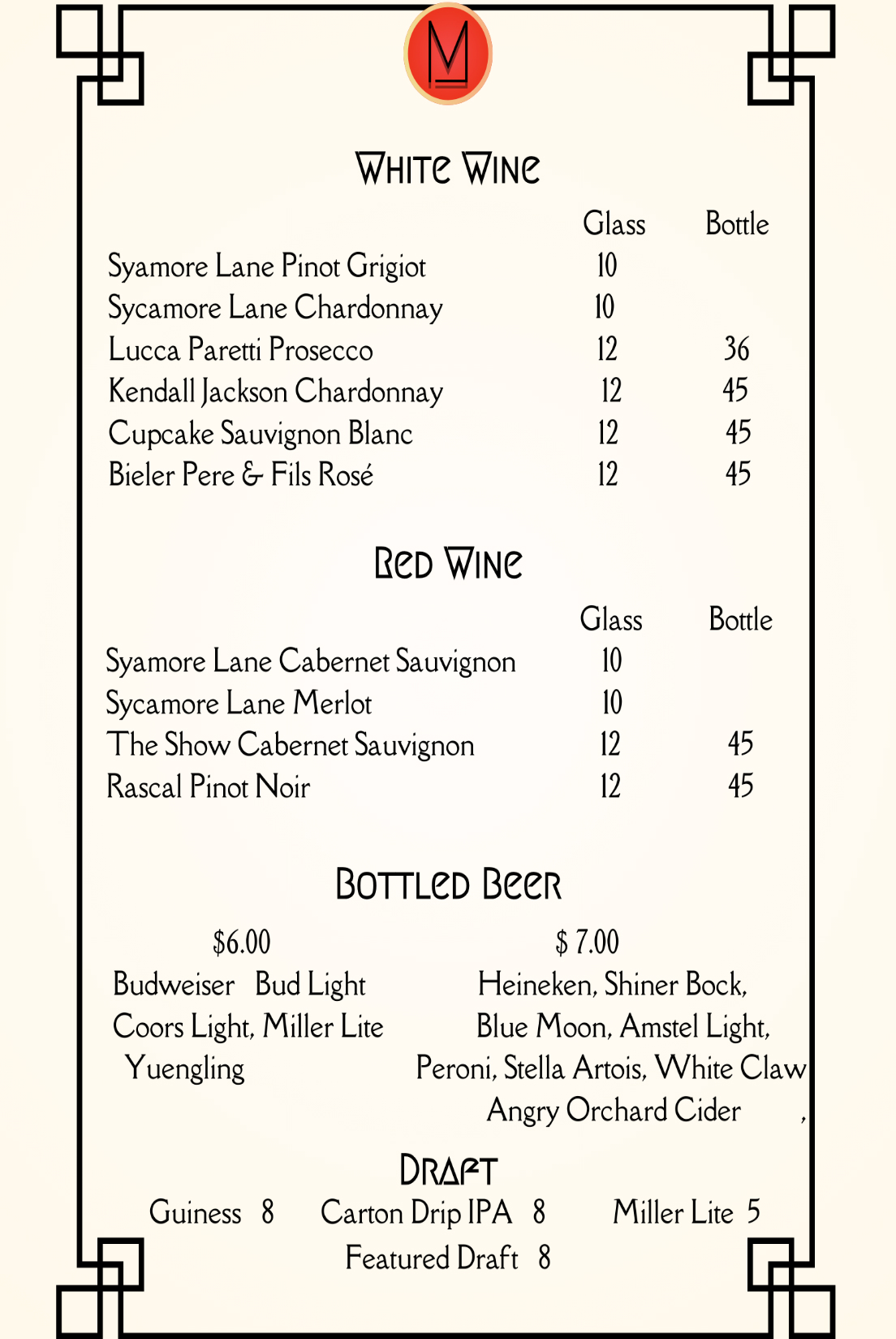 Wine List Menu